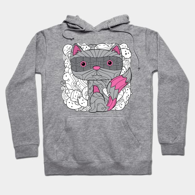 Doodle Raccoon Dark Grey Pink Colour with Doodle Background Hoodie by ActivLife